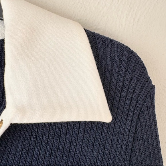 St John Sport Navy Blue Ribbed White Collar Nautical Sweater - Picture 2 of 7